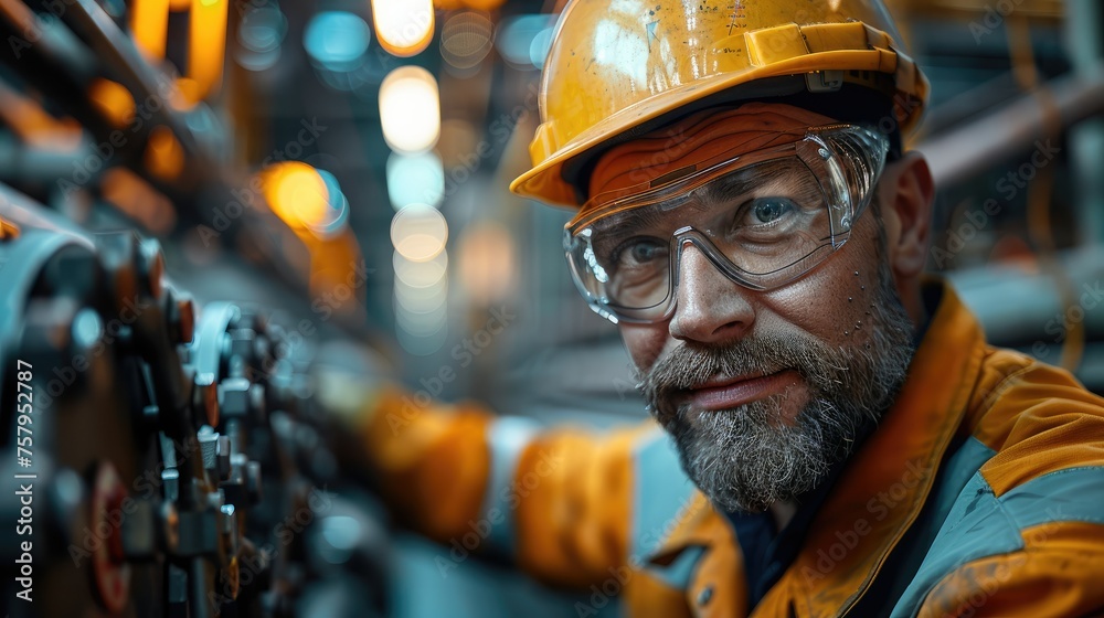 Poster A construction pipe fitter working on a pipe in a refinery. Generative AI.