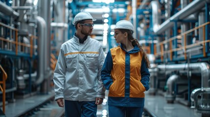 The employees male and female are walking in industrial plant. Generative AI.