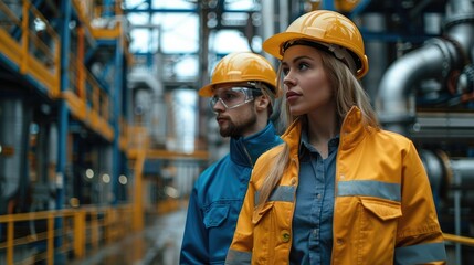 The employees male and female are walking in industrial plant. Generative AI. - Powered by Adobe