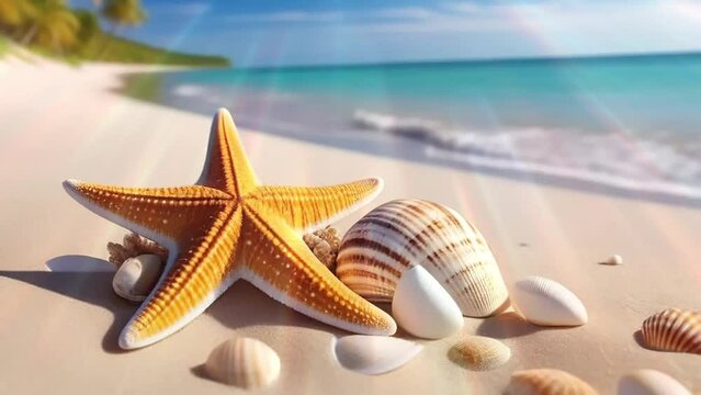 Starfish with shells on the sea coast.
