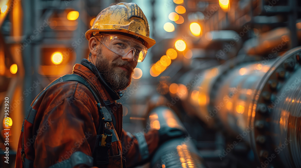 Poster A construction pipe fitter working on a pipe in a refinery. Generative AI.
