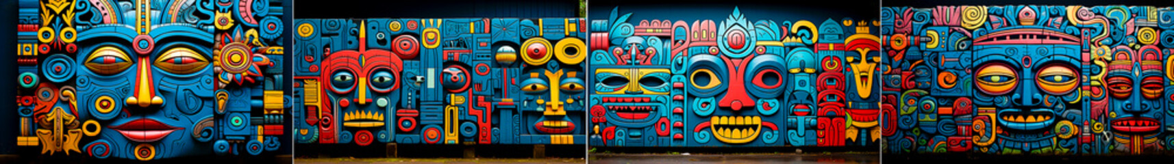 colorful mural with colorful paint of ancient Indian objects, Aztec art style, expressive faces, dark blue and sky blue, cubo-futurism, frightening creatures
