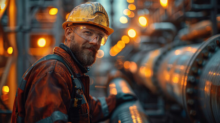 A construction pipe fitter working on a pipe in a refinery. Generative AI.