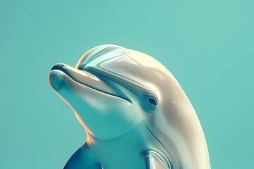 Delighted Dolphin Head in Minimalist 3D Rendering with Turquoise Background - obrazy, fototapety, plakaty