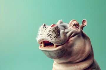 Jubilant Hippo Expression A Hyperrealistic Portrait of a Laughing Hippo Against a Vibrant Green Backdrop