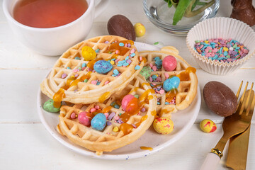 Easter breakfast or brunch. Cute creative decor portion of soft sweet belgian waffles with Easter...