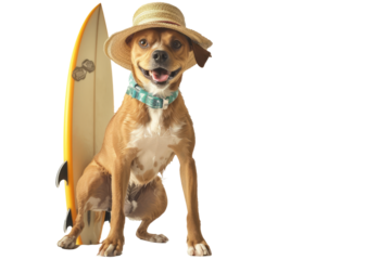 A dog dressed in board shorts, a tank top, and a sun hat, holding a surfboard and ready to catch some waves.
