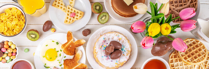 Easter holiday sweet breakfast, brunch. Easter decorated belgian waffles, pancakes, breakfast...