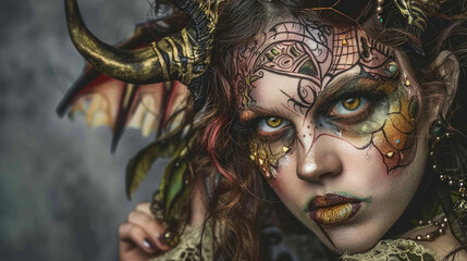 Fantasy concept. Makeup of mystical creature with patterns and horns - obrazy, fototapety, plakaty