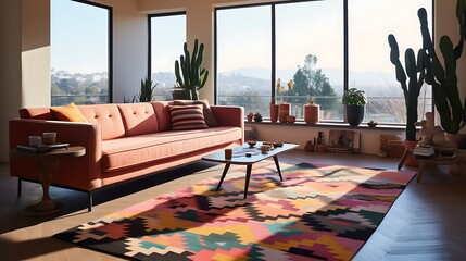 a kilim wool rug with a fusion of cultural influences, reflecting the diversity of a cosmopolitan living space  attractive look - obrazy, fototapety, plakaty
