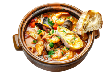 French-style bouillabaisse soup, with a flavorful broth filled with assorted fish and seafood, served with crusty bread and rouille sauce, in a bowl on a white surface.