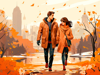 A couple walks in the park. Illustration Beautiful and romantic scene. Ideal for use in greeting cards, posters or social media posts.