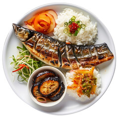 Korean dish of grilled mackerel with seasoned fish fillet, steamed rice, kimchi and pickled...