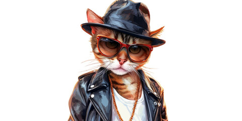 cool cat wearing a leather jacket and hat, exuding an urban style feel, isolated on a white background. - obrazy, fototapety, plakaty