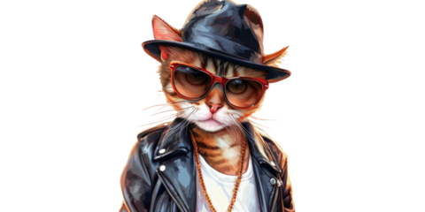 cool cat wearing a leather jacket and hat, exuding an urban style feel, isolated on a white background.
