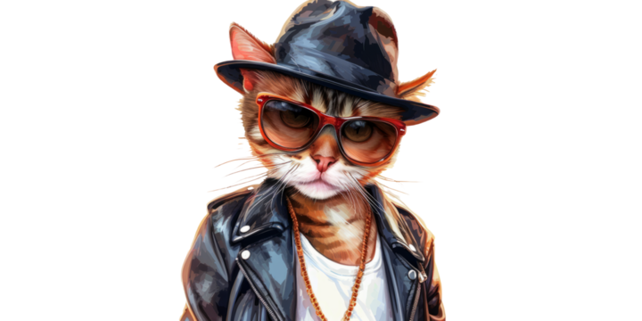 cool cat wearing a leather jacket and hat, exuding an urban style feel, isolated on a white background.