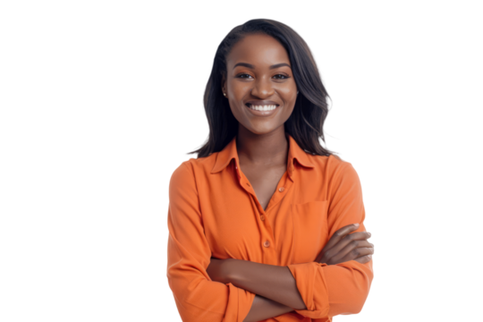 woman with crossed arms and a bright smile conveying vitality and energy.