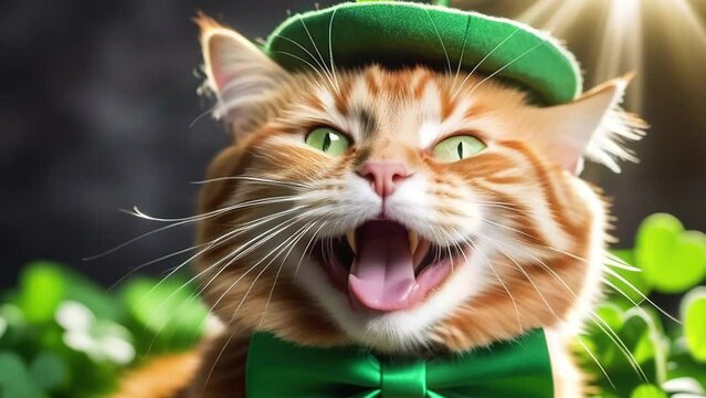Portrait of a happy cat wearing a green hat for St. Patrick's Day.