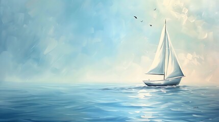 A lone sailboat glides gracefully across the shimmering surface  attractive look - obrazy, fototapety, plakaty