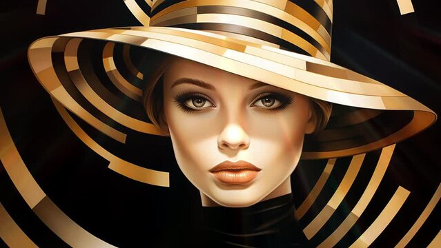 Portrait of a girl wearing a hat with geometric patterns in black and gold colors.