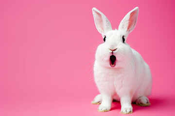 close up of photo of white rabbit with open mouth on pink background. surprised face expression. easter concept