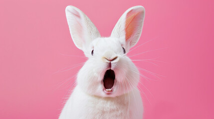 Obraz premium close up of photo of white rabbit with open mouth on pink background. surprised face expression. easter concept