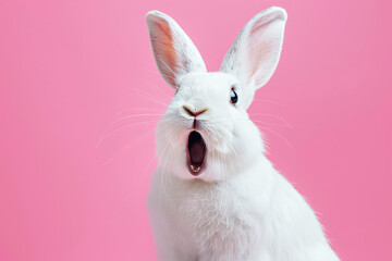 close up of photo of white rabbit with open mouth on pink background. surprised face expression. easter concept