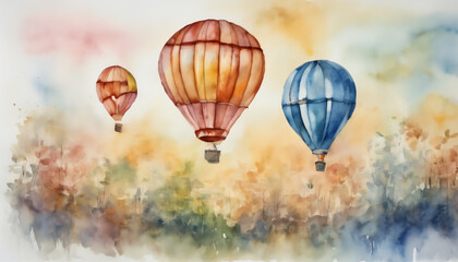 Fototapeta premium Pastel Hot Air Balloons Floating Over Autumn Watercolor Landscape