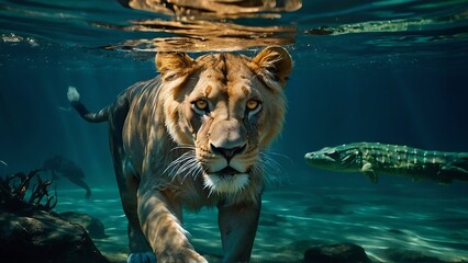 Lioness in the water. Wildlife scene from a nature. - obrazy, fototapety, plakaty