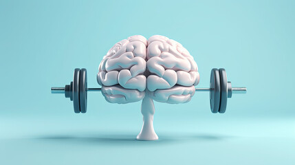 Human brain lifting weights. 3D brain lifting a heavy dumbbell. Mind training on pastel blue background