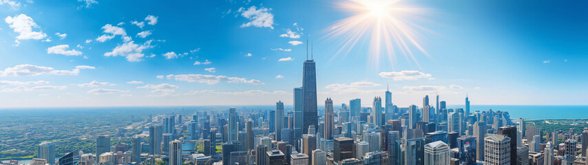 Obraz premium Banner with panoramic view of a bustling city skyline under a clear blue sky with radiant sunshine. Generative AI