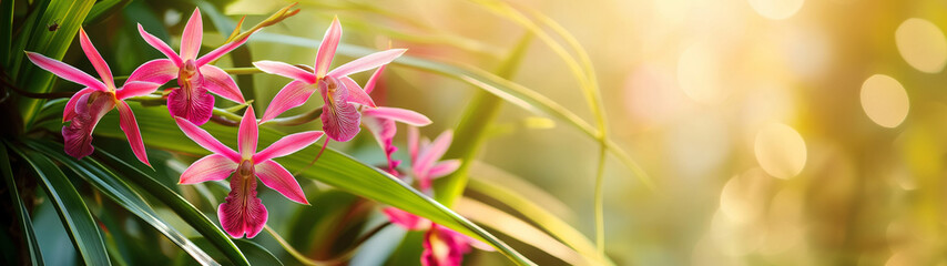 Banner with sunlit vibrant pink Brassia orchids flowers against a lush green background. Generative AI