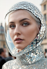 The model wears a futuristic silver outfit with a hood covered in small mirrors. Generative AI