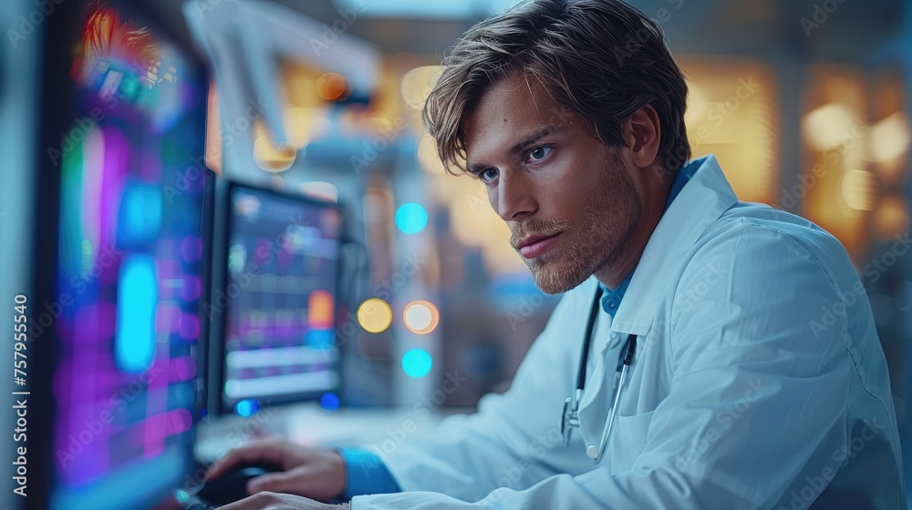Aufkleber Doctor uses some form of electronic device with computer. Generative AI.