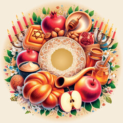 stylized image with pomegranate, apple, shofar, menorah, Rosh Hashanah holiday, on a gold background for design