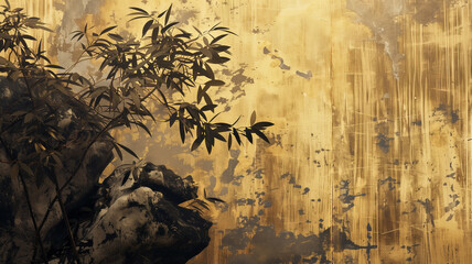 竹の描かれた日本画風背景 - obrazy, fototapety, plakaty