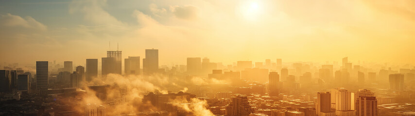 Banner with golden sunrise over the modern city skyline with hazy light. Generative AI