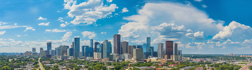 Banner with panoramic view of a bustling city skyline under a clear blue sky with radiant sunshine. Generative AI