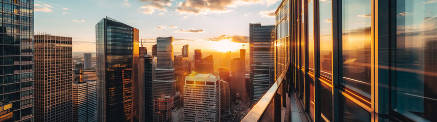 Banner with golden sunrise over urban skyline with reflections on glass buildings. Generative AI