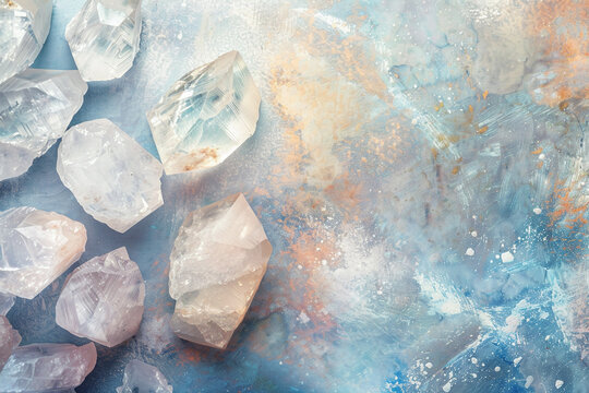 moonstone crystals geode close up on stone background, esoteric blue mineral texture on grey surface - Powered by Adobe