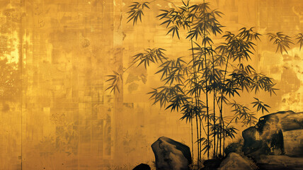 竹の描かれた日本画風背景 - obrazy, fototapety, plakaty