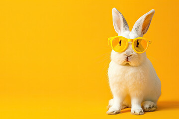 cute white rabbit with yellow glasses isolated on yellow background
