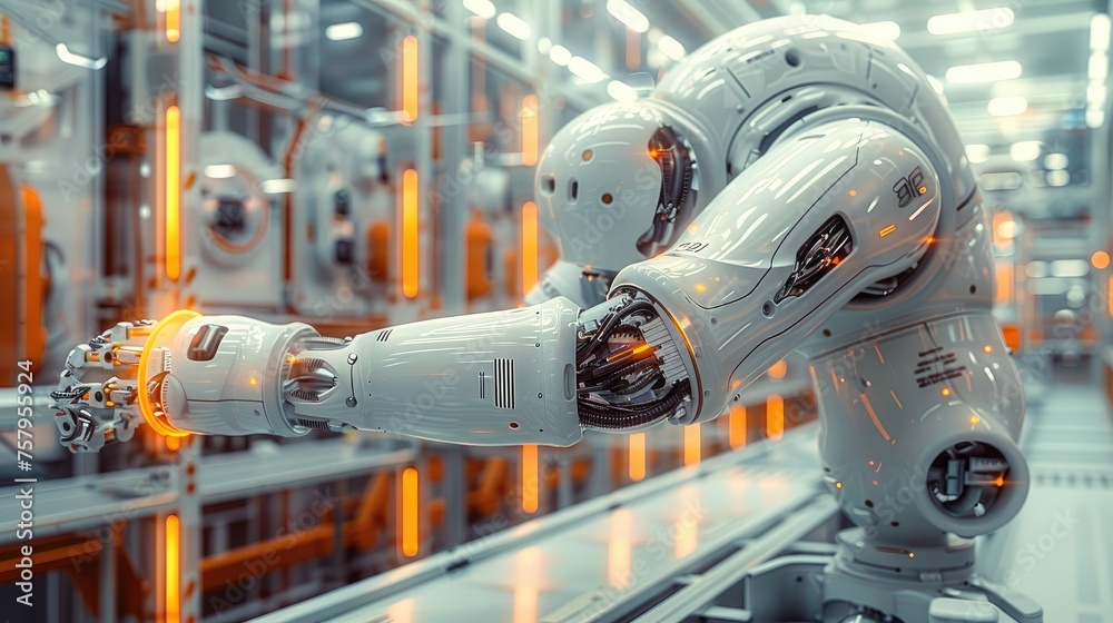 Leinwandbilder the robotic arm is in a white tone with a touch of orange accents at factory. generative ai.