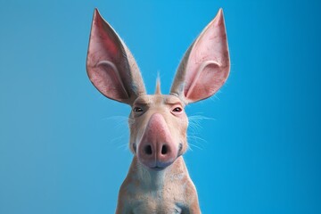 Cute Aardvark with Enlarged Ears Poses Funny for Studio Shot on Blue Backdrop