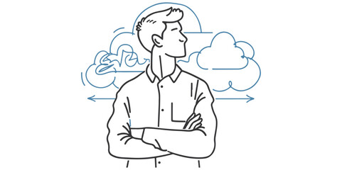 Fototapeta na wymiar A male businessperson thinking about moving administrative procedures to the cloud vector line art, illustration, technology, cloud computing, business strategy, digital transformation, innovation