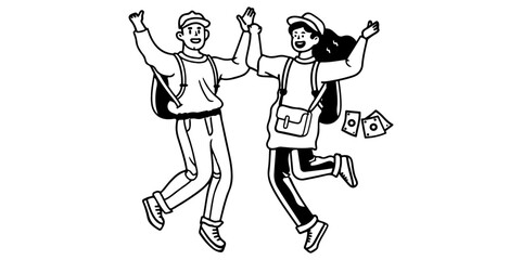 Fototapeta na wymiar Continue one line drawing of Men and women jumping with smiles vector line art, happiness, joy, energetic, celebration, fitness,