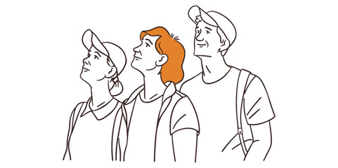Three-generation family looking up and having inspiration vector line art, people, inspiration, generations, family bonding, unity, aspiration