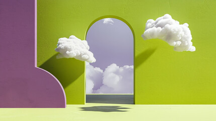 Fototapeta premium Vibrant Imagination Gateway - Cumulus Clouds Floating Through a Lime Green Arch into a Lavender Sky
