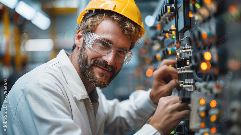 Fototapete Automotive worker smiling while working at an electronics panel in an electronics company setting. Generative AI.