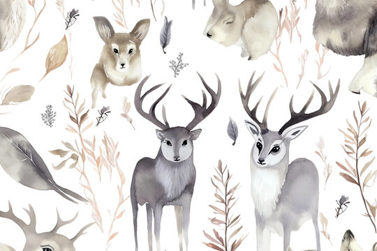 white animals pattern horns watercolor gray light twigs